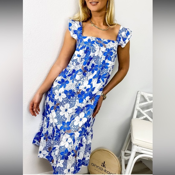 Anna-Kaci Ruffle Shoulder Floral Summer Dress in Blue New With Tags - Picture 5 of 11